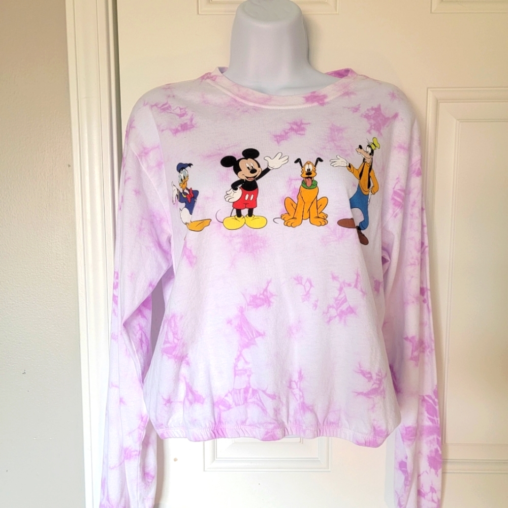 Disney tie dye long sleeve cropped tee characters Front & Back. M